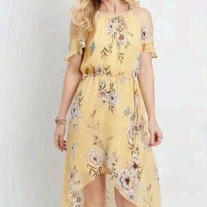 Women's Yellow Sheer Floral Flowy High Low Summer Dress Size Large EUC